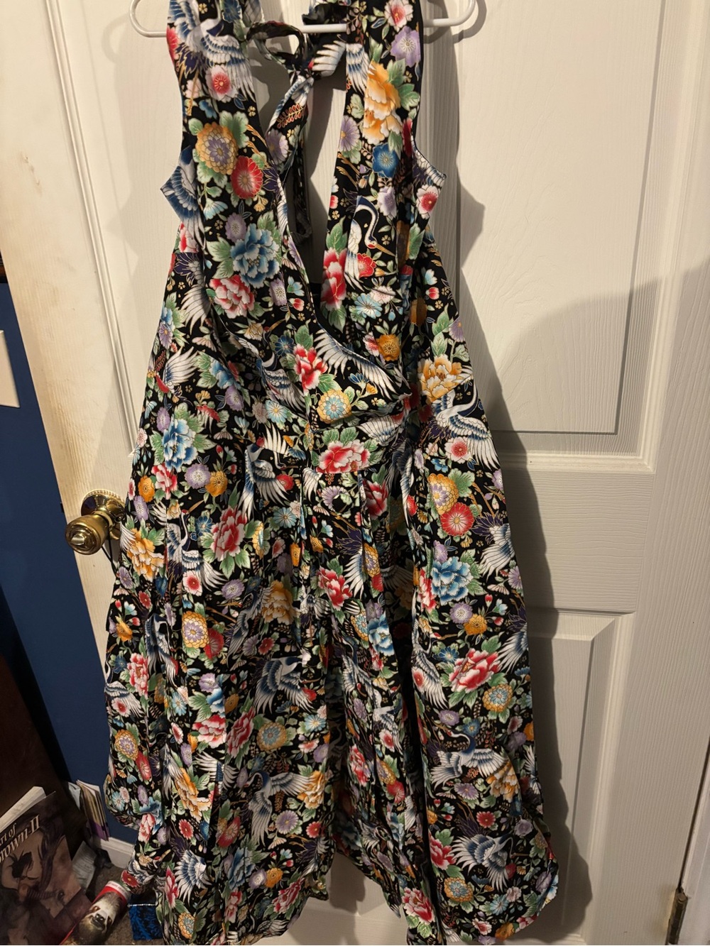 Unique Vintage Black Floral Crane Halter Dress
